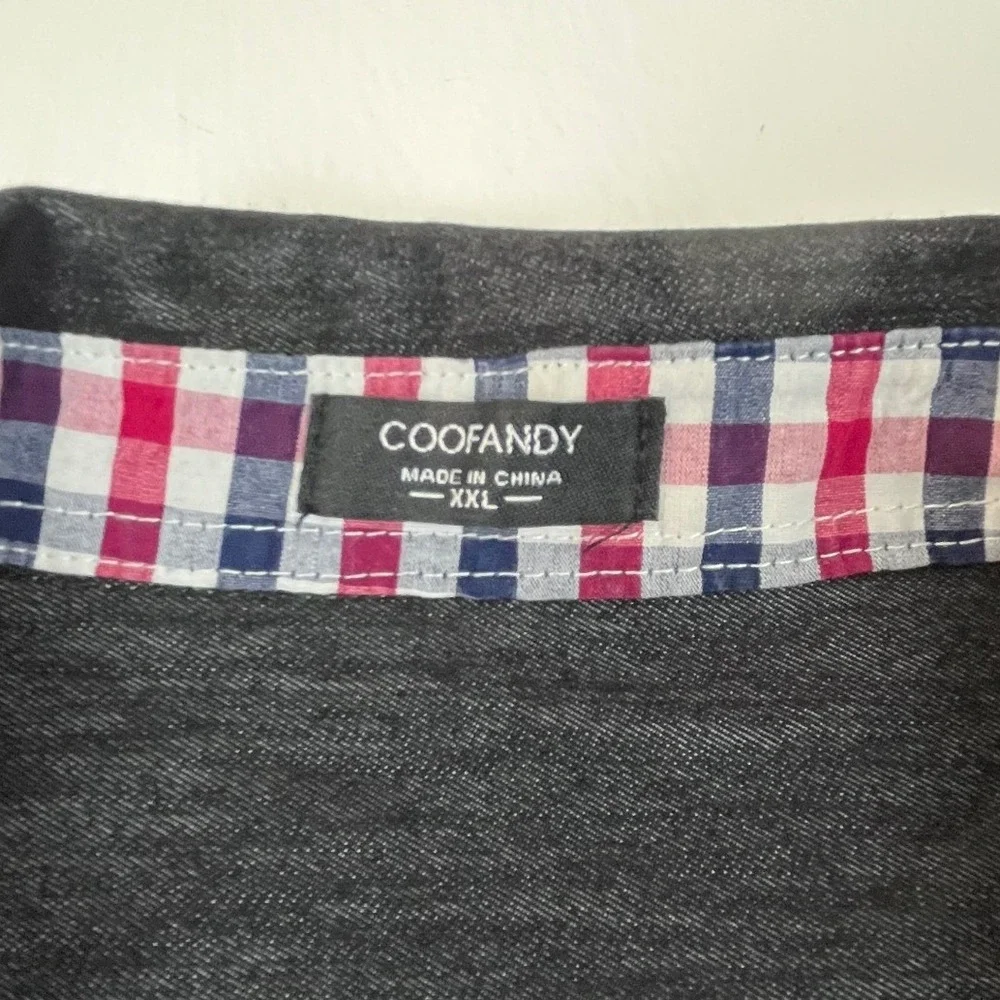 Coofandy Mens Black Button Down Shirt Plaid Collar Faux‎ Leather Trim Size XXL